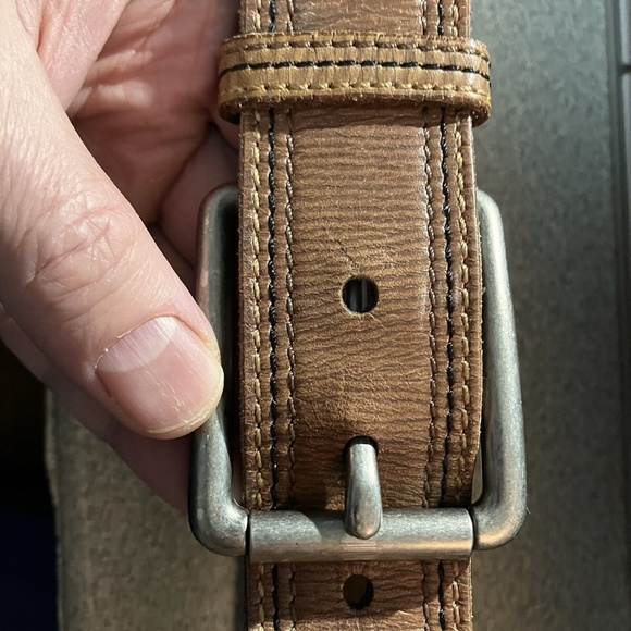 Men's Brown FOSSIL Leather Belt Solid Brass Buckle plated Brushed Silver Size L - Picture 5 of 12